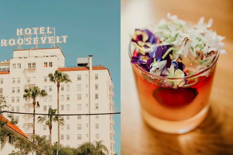 Hotel Roosevelt vintage neon sign on white building with palm trees and colorful cocktail with edible flowers