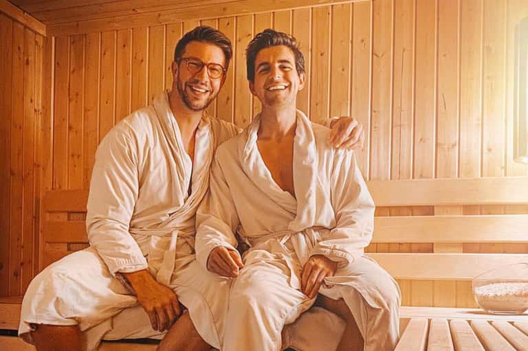 Two men in white robes sitting in wooden sauna interior