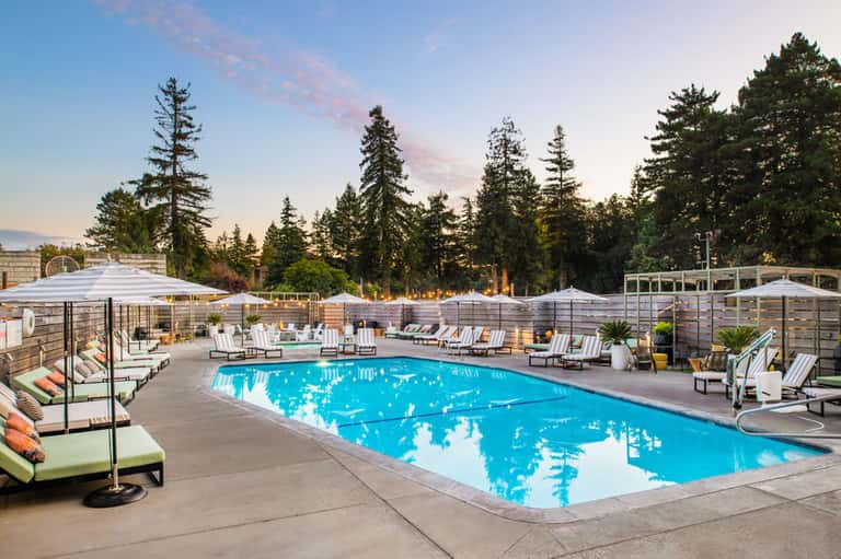 Resort pool with turquoise water, lounge chairs, umbrellas, and forest backdrop at dusk