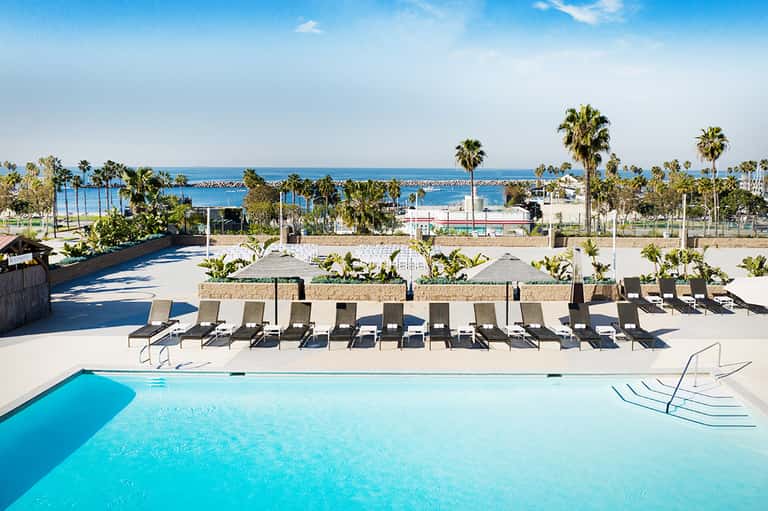 Resort pool with lounge chairs overlooking harbor and palm trees