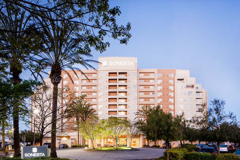 Sonesta hotel exterior with multi-story brick building, palm trees, and landscaped grounds