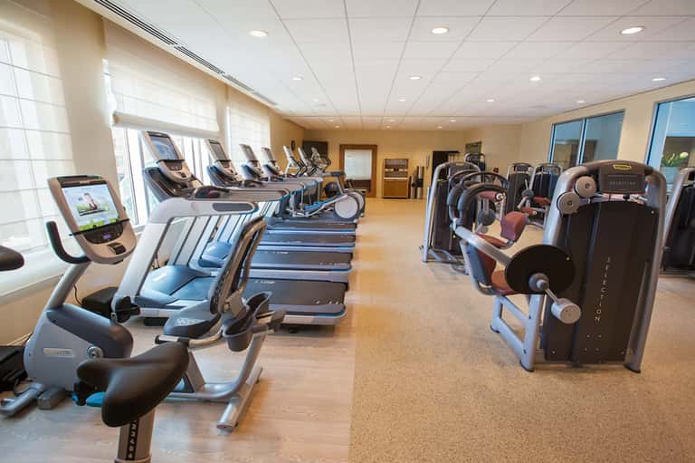Modern fitness center with exercise equipment, treadmills, and windows with natural light