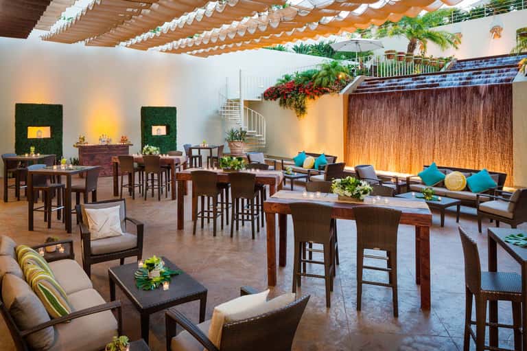 Modern indoor lounge with wooden ceiling, decorative green walls, and tropical furnishings