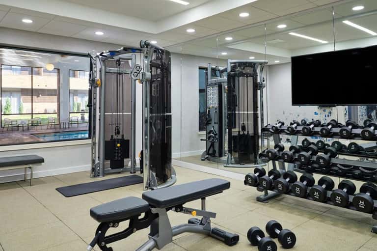 Modern fitness center with cable machines, dumbbells, and mirrors overlooking pool through large window