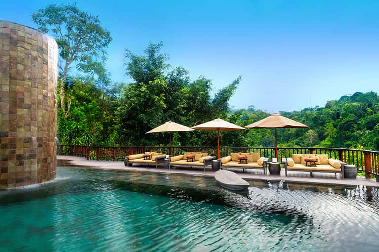 Luxury resort pool overlooking lush jungle with tan lounge chairs and umbrellas