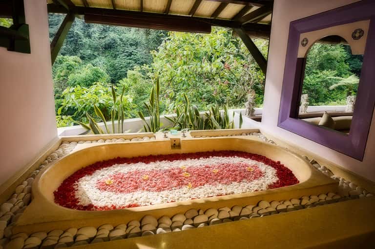 Decorative spa bath filled with red and white rose petals overlooking lush green forest landscape