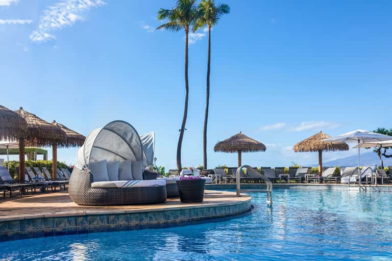 Luxurious resort pool with cabana, palm trees, tiki umbrellas, and ocean backdrop
