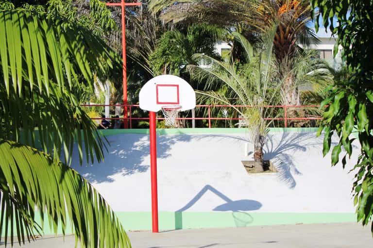 Red and white basketball court nestled among palm trees and tropical greenery in outdoor resort area