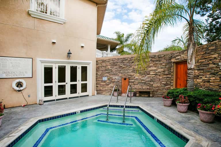 Enclosed spa courtyard with small turquoise pool, brick walls, palm trees, and terra cotta planters