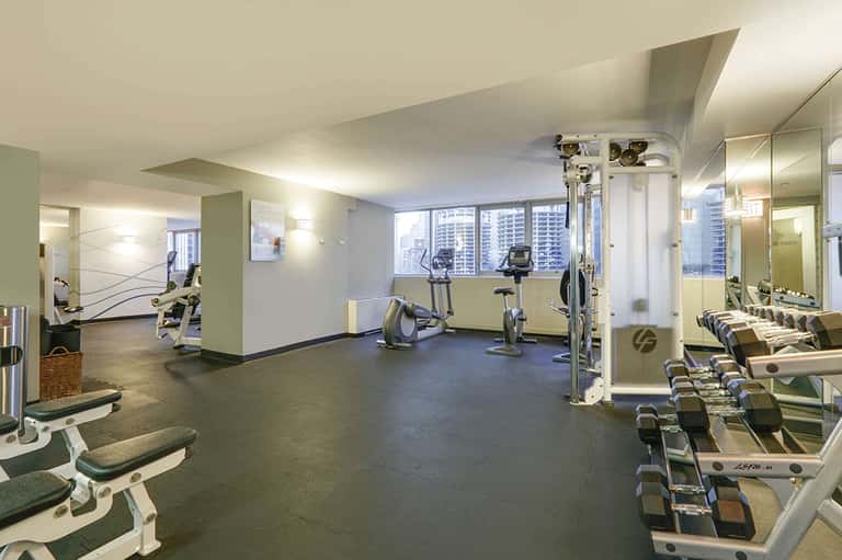 Modern hotel gym with cardio equipment, weights, and city views through large windows