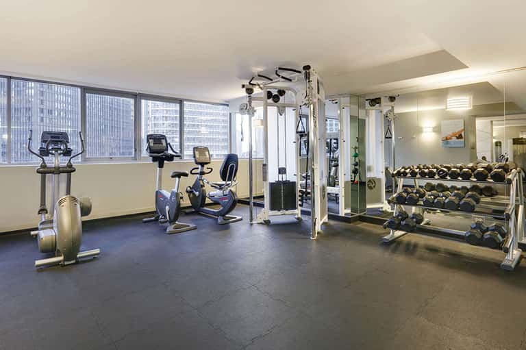 Modern gym with cardio machines, weights, mirrors, and city views from high-rise windows