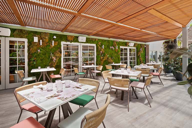 Outdoor fine dining patio with living green wall, wooden pergola, and woven chairs
