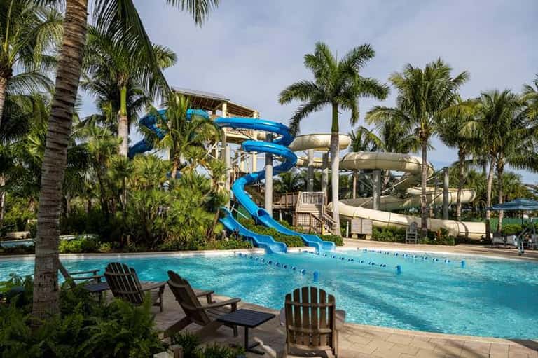 Water park with blue spiral slides, palm trees, and bright turquoise pool below