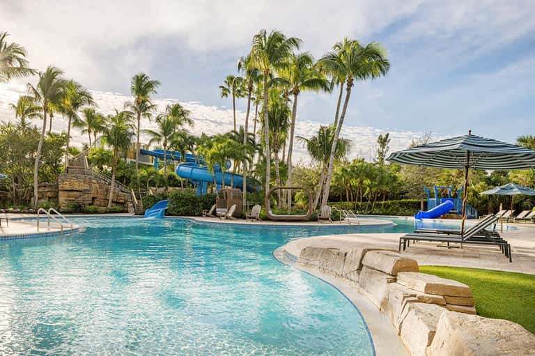 Tropical resort pool with blue water slides, palm trees, and lounge chairs with umbrellas
