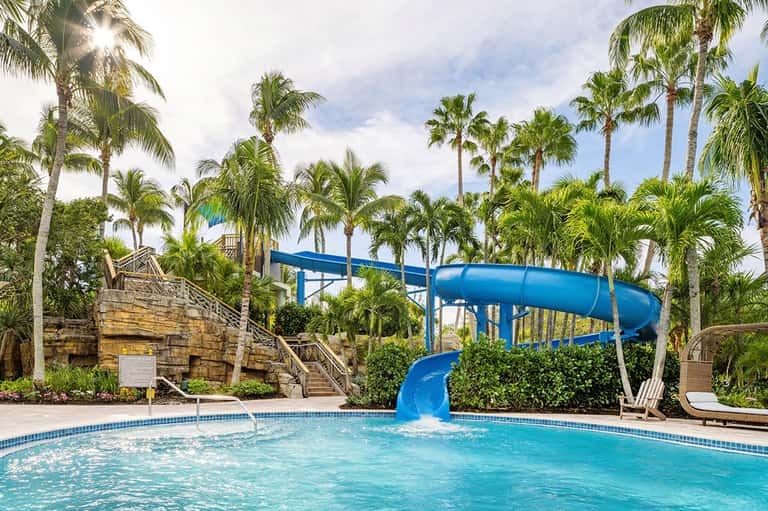 Resort water slide into crystal-blue pool surrounded by palm trees, lounge chairs, and stone features