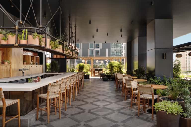 Rooftop bar and lounge with wooden bar counter, hanging plants, city views, and modern seating areas