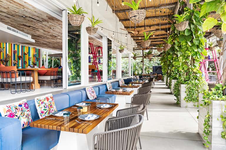 Modern resort restaurant with blue seating, wooden tables, hanging plants, and open-air design