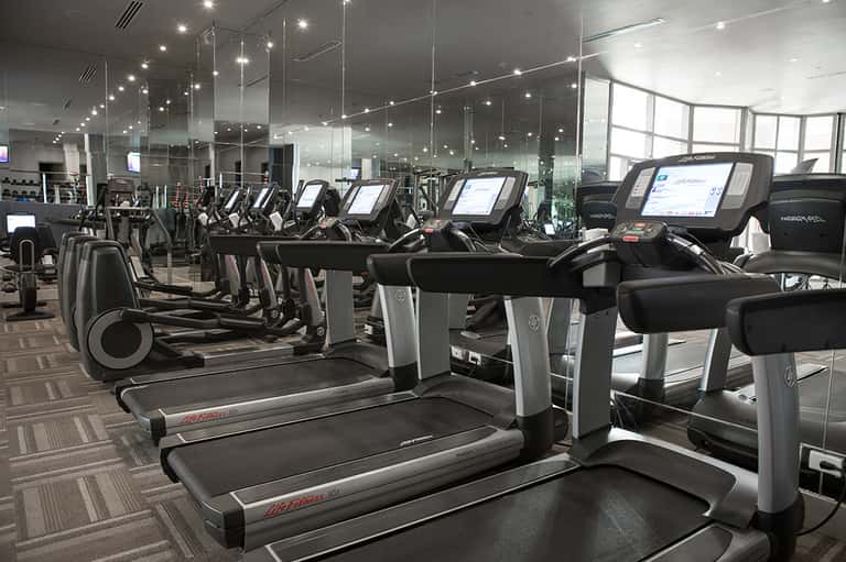 Modern gym with rows of cardio equipment, treadmills, and floor-to-ceiling windows