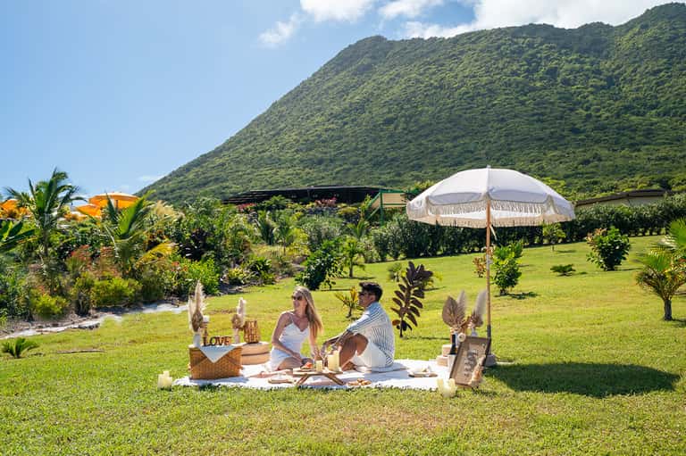 Couple picnicking under white umbrella on grassy lawn with mountain backdrop and tropical landscaping