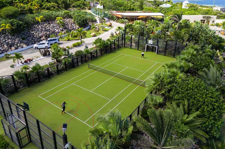 Aerial view of multi-sport court surrounded by palm trees, green lawn, and ocean views