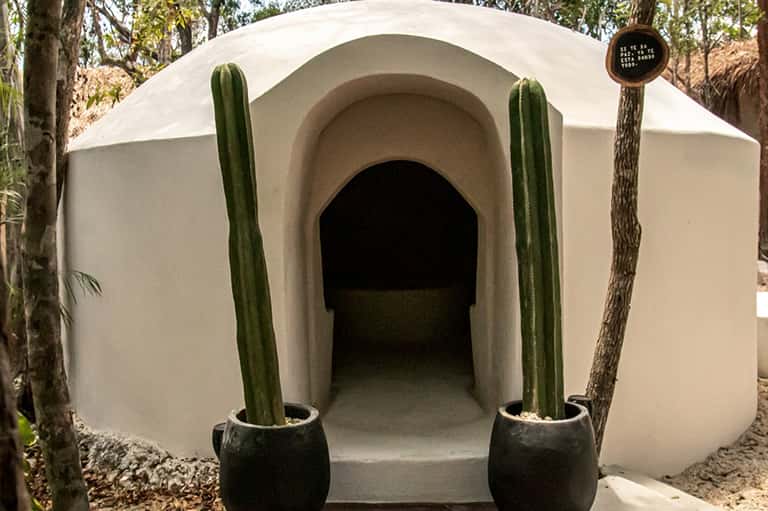 White dome-shaped structure with arched entrance flanked by tall green cacti in pots