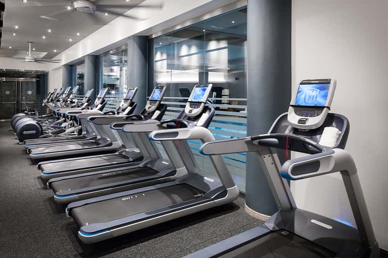 Modern fitness center with rows of treadmills and exercise equipment with blue accents and large windows