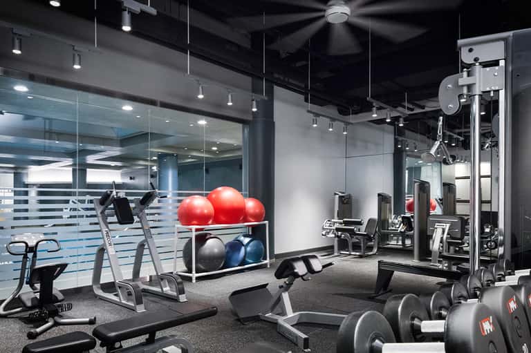 Modern gym interior with cardio equipment, weight machines, red exercise balls, and glass partition walls