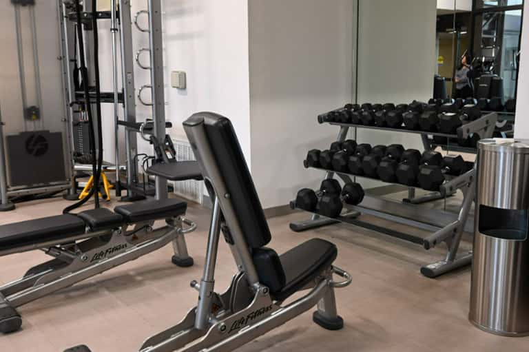 Modern gym facility with cardio equipment, weight racks, and dumbbells on metal stands