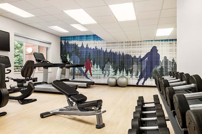 Modern fitness center with exercise equipment, dumbbells, and forest-themed wall mural under bright ceiling lights.