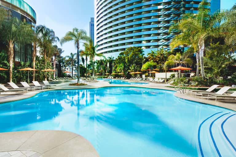 Large resort pool with crystal-blue water, palm trees, lounge chairs, and high-rise hotel towers under clear sky