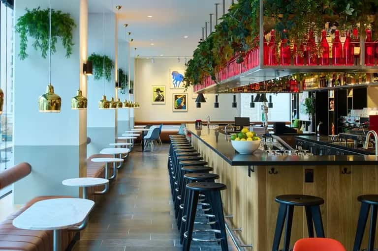 Modern restaurant bar with gold pendant lights, green hanging plants, black bar stools, and contemporary seating area