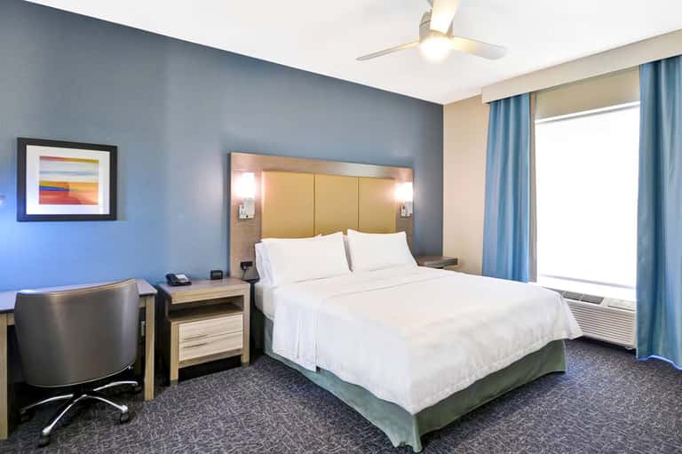 Modern hotel bedroom with queen bed, blue headboard, desk area, and ceiling fan