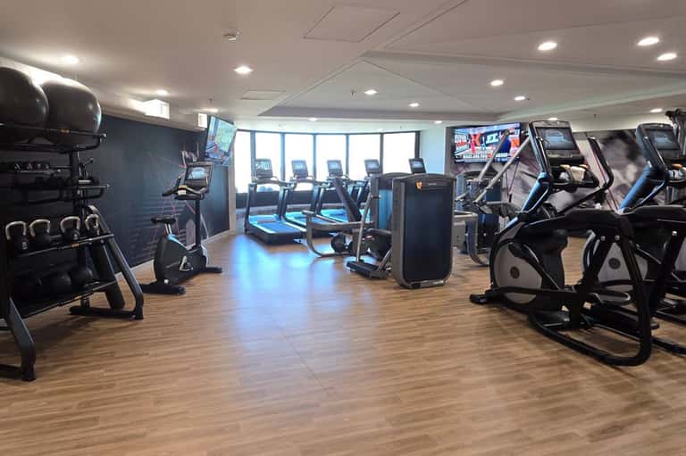 Modern fitness center with cardio equipment, stationary bikes, and large windows with city views