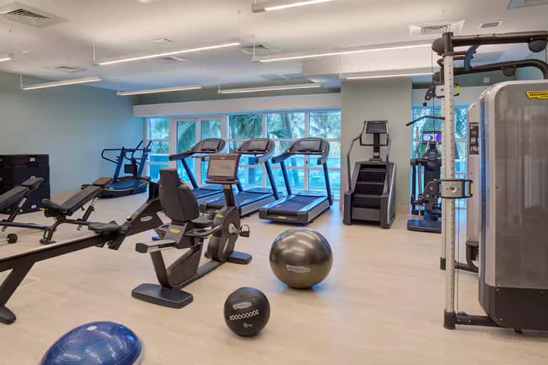 Modern fitness center with treadmills, exercise bikes, and gym equipment overlooking palm trees