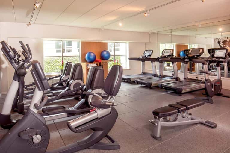 Modern fitness center with cardio equipment, exercise bikes, treadmills, and blue stability balls