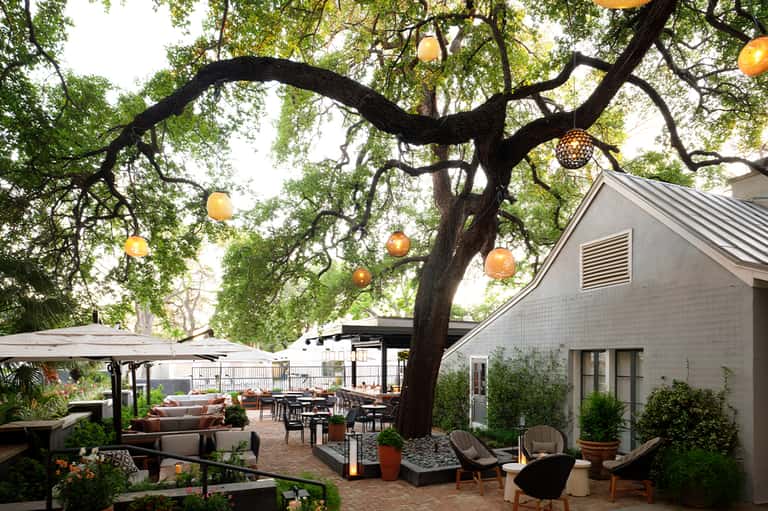 Elegant outdoor patio under sprawling oak tree with hanging golden orb lights and seating areas