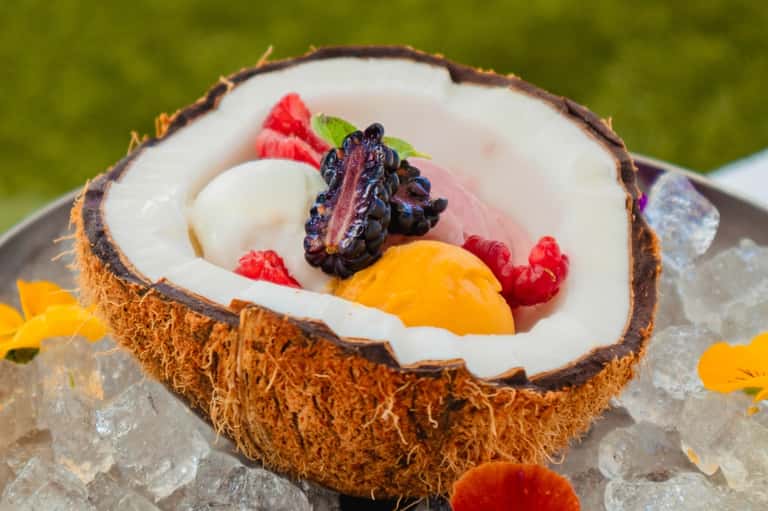 Tropical coconut bowl dessert with fresh berries and coconut cream on ice