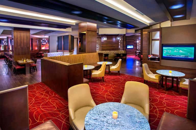 Upscale lounge with wood accents, red carpet, comfortable seating, and entertainment screens