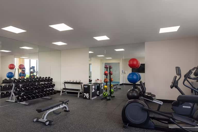 Modern fitness center with dumbbells, exercise balls, and cardio equipment