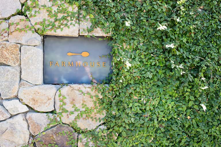 Farmhouse sign on stone wall covered with climbing ivy and small white flowers