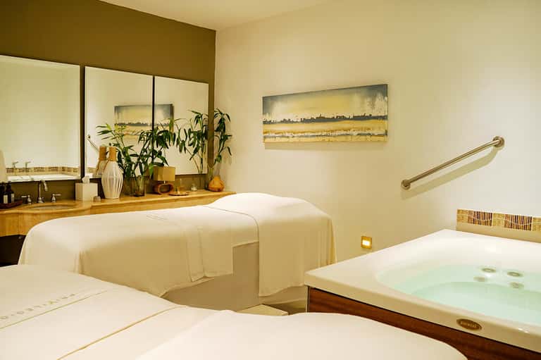 Spa treatment room with massage table, whirlpool tub, and vanity with plants and artwork
