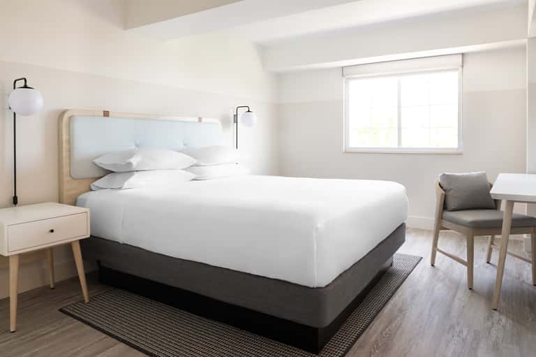 Minimalist hotel bedroom with light wood headboard, white bedding, and natural lighting from large window
