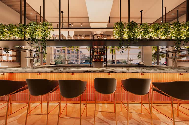 Modern bar counter with orange ribbed facade, black bar stools, hanging plants, and city views