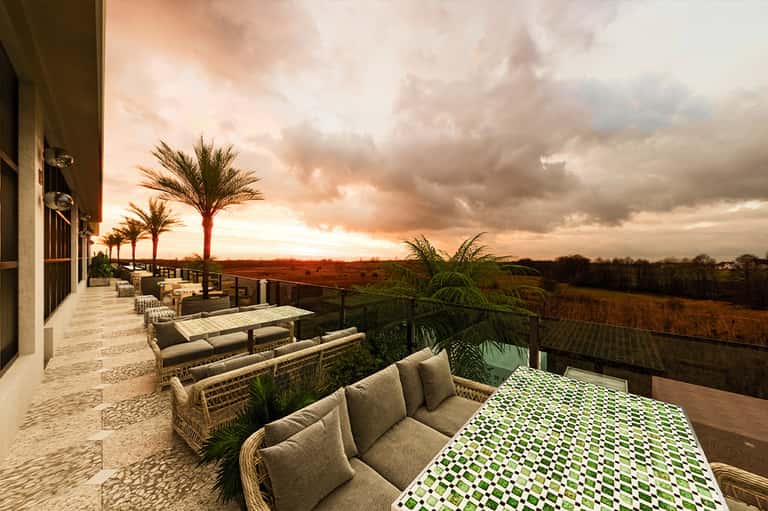 Sunset view of luxury terrace with palm trees, lounge seating, and manicured grounds