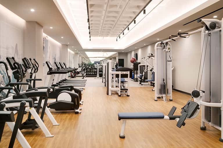 Modern gym interior with cardio machines, weights, and equipment on wooden flooring