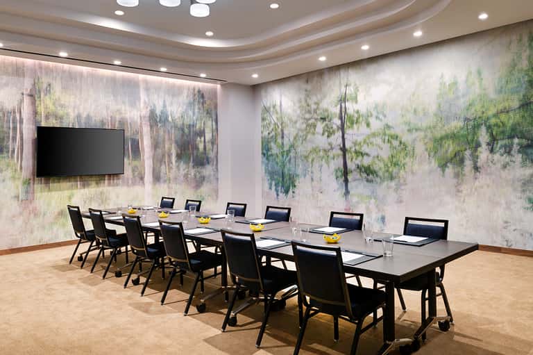 Conference room with long table, black chairs, and forest-themed wall murals with recessed lighting