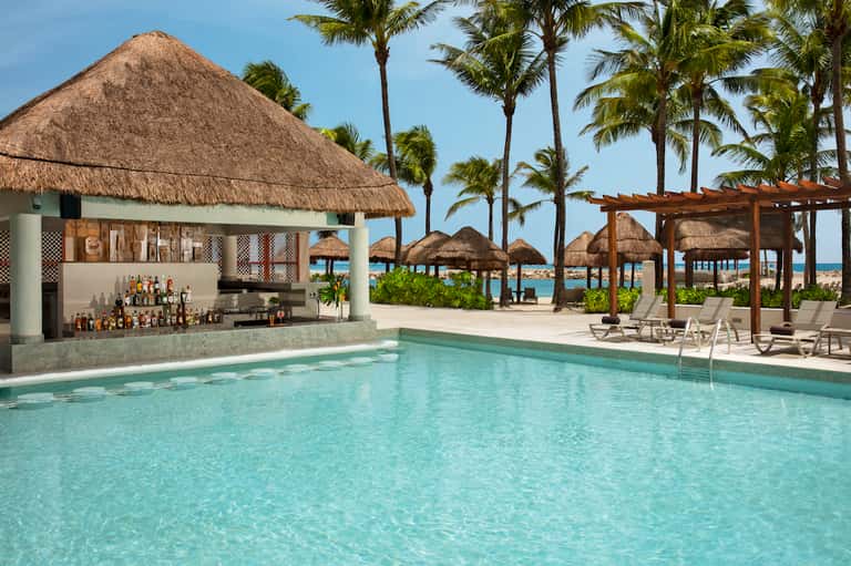 Tropical resort pool with thatched-roof bar, palm trees, and ocean view in background
