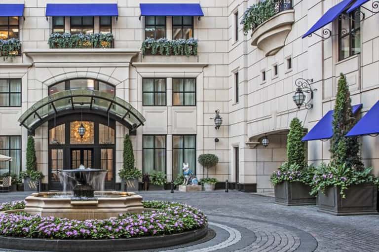 Elegant courtyard entrance with blue awnings, fountain, and manicured purple flowers