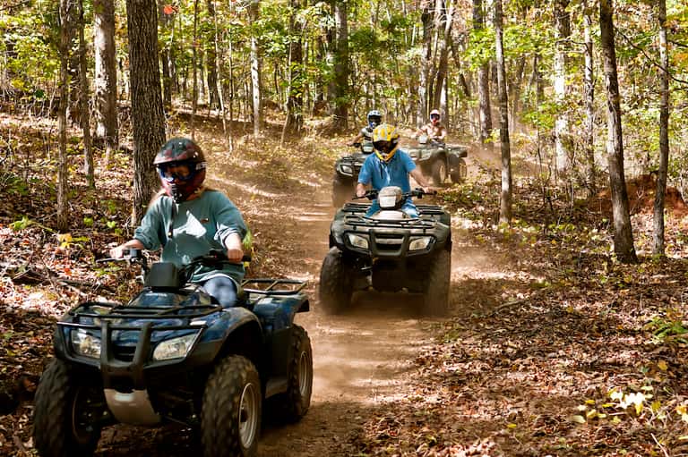 Group of people riding ATVs on a dusty forest trail surrounded by trees