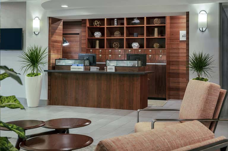 Modern hotel lobby with wooden reception desk, shelving units, decorative spheres, potted plants, and comfortable seating area